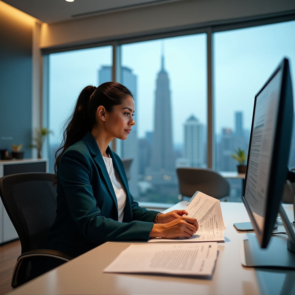 Berufstätige Frau analysiert Dokumente am modernen Arbeitsplatz